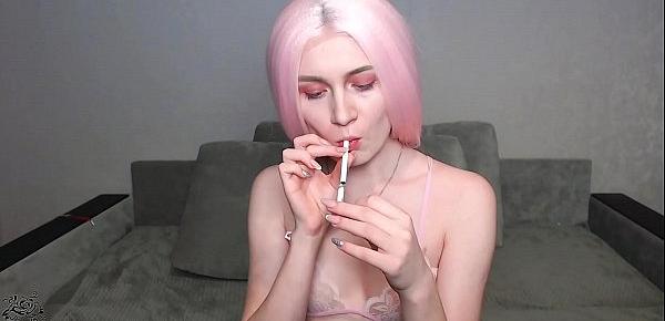  Pink-haired Teasing Body in Lingerie and Blows Smoke - Hot Solo